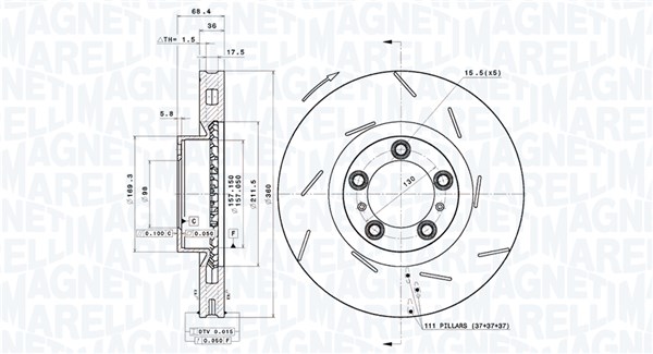 MAGNETI MARELLI Bremseskive 360406163101 lukket 360mm 36mm for PORSCHE