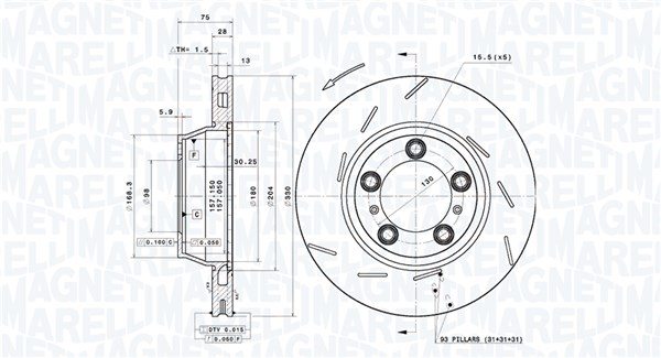 MAGNETI MARELLI Bremseskive 360406218101 ventileret 330mm 28mm for PORSCHE