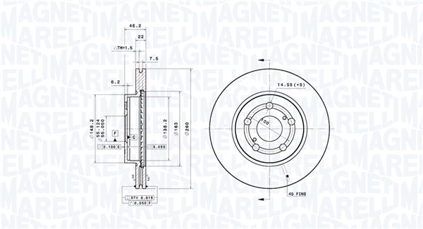 MAGNETI MARELLI Bremseskive 360406218001 ventileret 260mm 22mm for TOYOTA