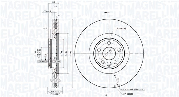 MAGNETI MARELLI Bremseskive 360406213801 ventileret 349mm 34mm for JAGUAR LAND ROVER