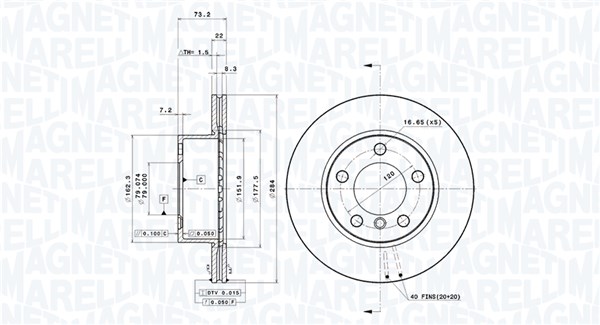 MAGNETI MARELLI Bremseskive 360406211101 ventileret 284mm 22mm for BMW