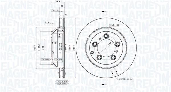 MAGNETI MARELLI Bremseskive 360406220401 ventileret 330mm 28mm for PORSCHE