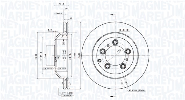 MAGNETI MARELLI Bremseskive 360406216301 ventileret 330mm 26mm for PORSCHE