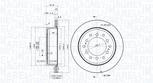 MAGNETI MARELLI Bremseskive 360406213401 ventileret 312mm 18mm for TOYOTA