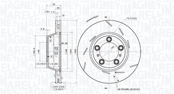 MAGNETI MARELLI Bremseskive 360406218301 ventileret 330mm 28mm for PORSCHE