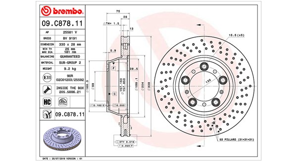 MAGNETI MARELLI Bremseskive 360406161801 330mm 28mm for PORSCHE