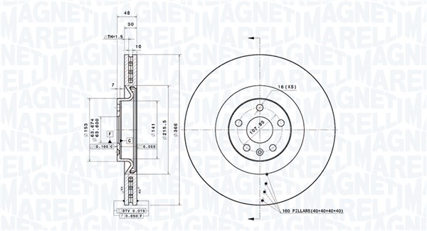 MAGNETI MARELLI Bremseskive 360406190801 ventileret 366mm 30mm for VOLVO