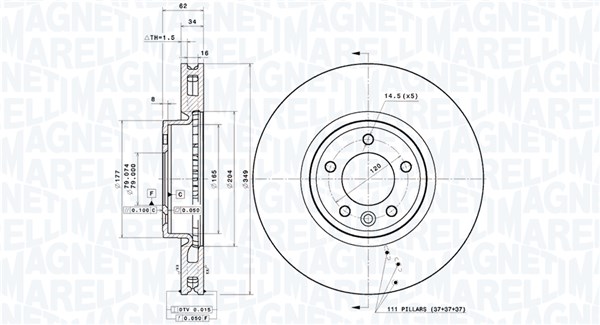 MAGNETI MARELLI Bremseskive 360406191001 ventileret 349mm 34mm for LAND ROVER