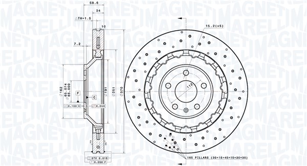 MAGNETI MARELLI Bremseskive 360406190704 ventileret 370mm 34mm for AUDI