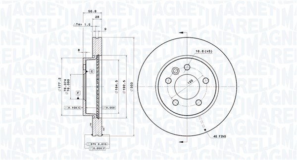 MAGNETI MARELLI Bremseskive 360406191201 ventileret 303mm 28mm for VW