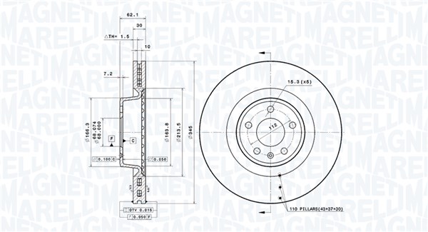 MAGNETI MARELLI Bremseskive 360406192701 ventileret 345mm 30mm for AUDI
