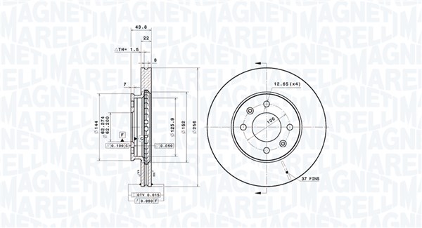 MAGNETI MARELLI Bremseskive 360406193501 ventileret 256mm 22mm for KIA HYUNDAI (BEIJING)