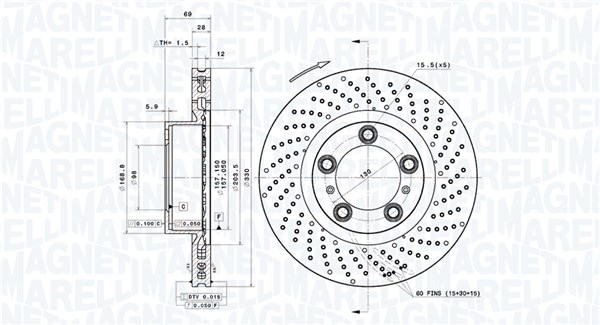 MAGNETI MARELLI Bremseskive 360406194401 perforeret 330mm 28mm for PORSCHE