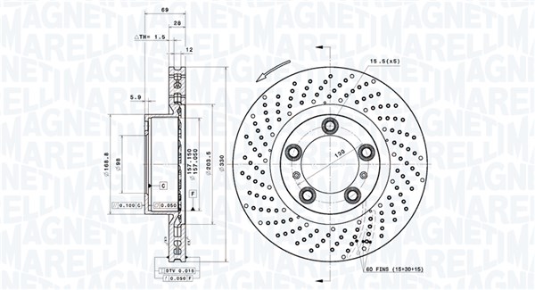 MAGNETI MARELLI Bremseskive 360406194501 ventileret 330mm 28mm for PORSCHE
