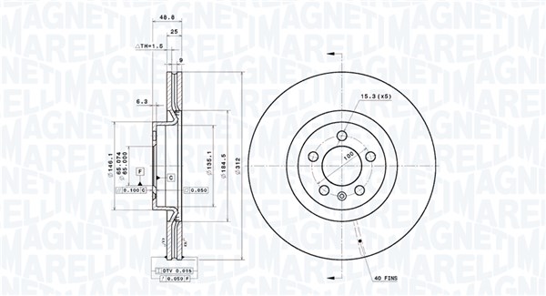 MAGNETI MARELLI Bremseskive 360406194801 ventileret 312mm 25mm for VW