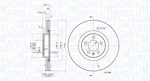 MAGNETI MARELLI Bremseskive 360406194601 perforeret 312mm 25mm for AUDI