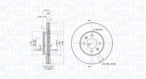 MAGNETI MARELLI Bremseskive 360406195701 ventileret 256mm 22mm for KIA