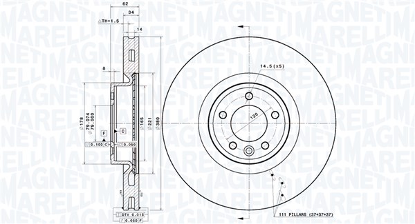 MAGNETI MARELLI Bremseskive 360406195501 ventileret 380mm 34mm for LAND ROVER
