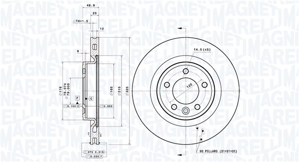 MAGNETI MARELLI Bremseskive 360406197901 ventileret 325mm 25mm for LAND ROVER