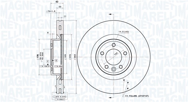 MAGNETI MARELLI Bremseskive 360406197701 ventileret 363mm 33mm for LAND ROVER