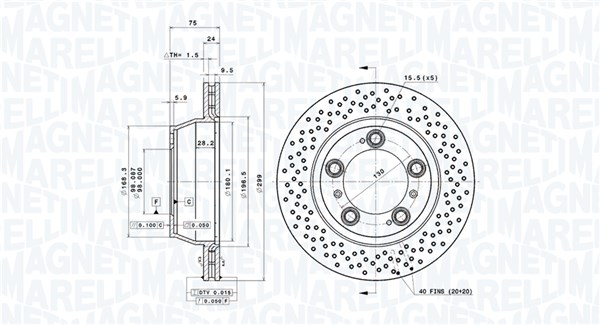 MAGNETI MARELLI Bremseskive 360406196201 ventileret 299mm 24mm for PORSCHE