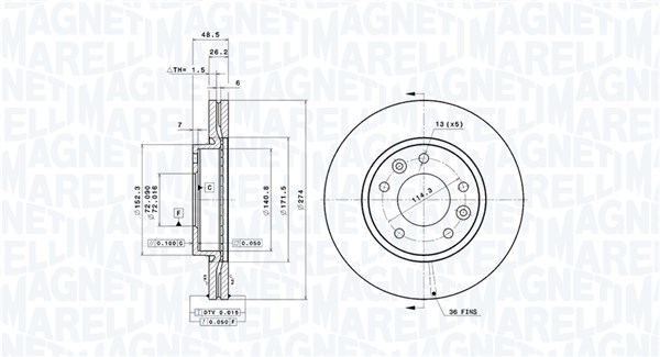 MAGNETI MARELLI Bremseskive 360406198801 ventileret 274mm 26mm for KIA