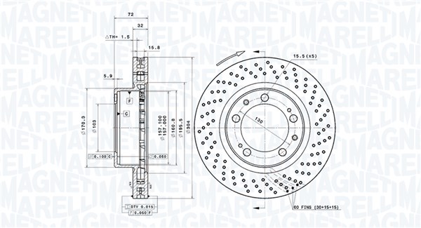 MAGNETI MARELLI Bremseskive 360406199201 ventileret 304mm 32mm for PORSCHE