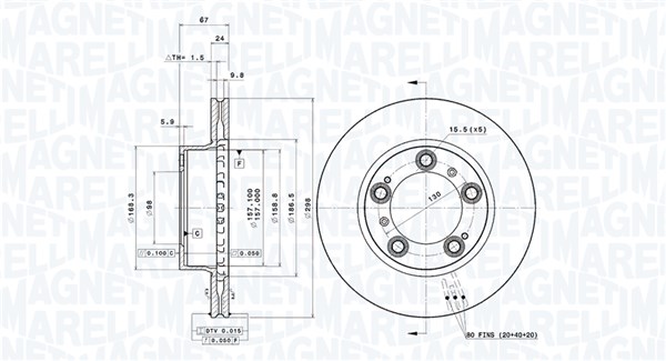 MAGNETI MARELLI Bremseskive 360406199001 ventileret 298mm 24mm for PORSCHE
