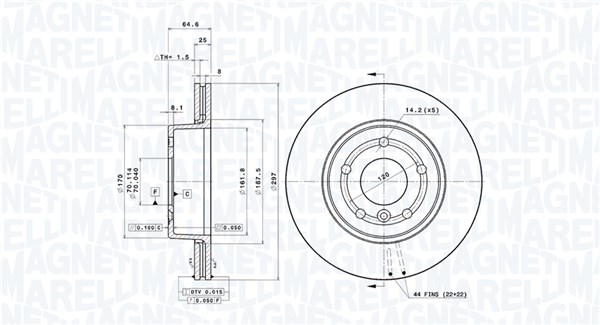 MAGNETI MARELLI Bremseskive 360406199501 ventileret 297mm 25mm for LAND ROVER
