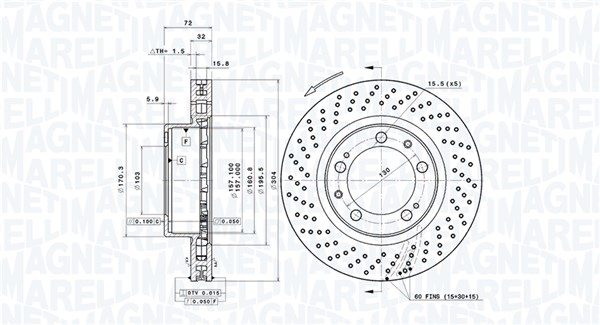 MAGNETI MARELLI Bremseskive 360406199301 ventileret 304mm 32mm for PORSCHE