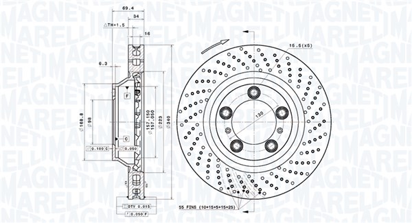 MAGNETI MARELLI Bremseskive 360406201201 ventileret 340mm 34mm for PORSCHE