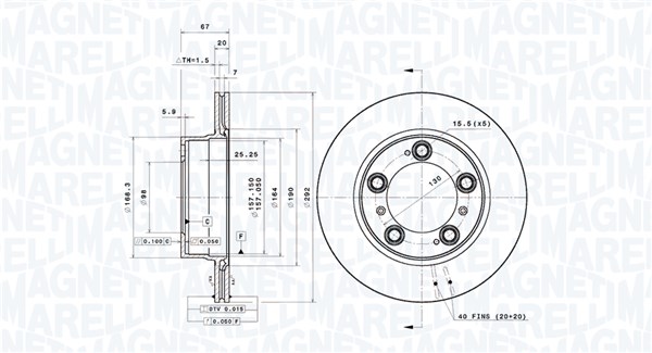 MAGNETI MARELLI Bremseskive 360406202101 ventileret 292mm 20mm for PORSCHE