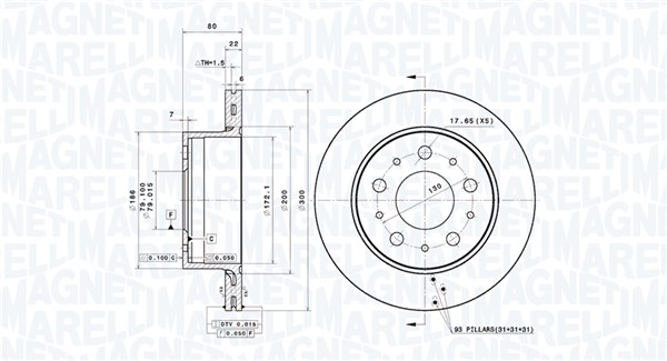 MAGNETI MARELLI Bremseskive 360406203901 ventileret 300mm 22mm for FIAT PEUGEOT