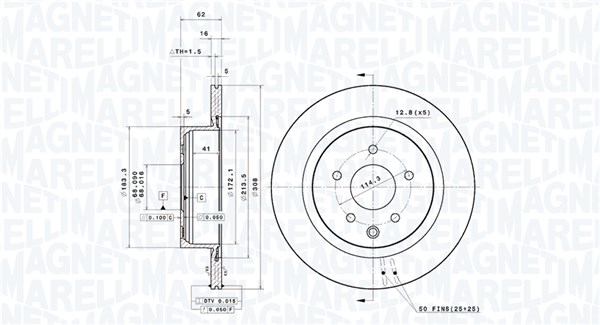 MAGNETI MARELLI Bremseskive 360406205001 ventileret 308mm 16mm for NISSAN