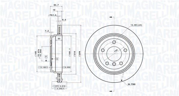 MAGNETI MARELLI Bremseskive 360406204501 lukket 294mm 19mm for BMW