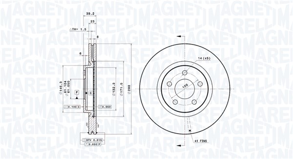 MAGNETI MARELLI Bremseskive 360406205701 ventileret 280mm 23mm for CHRYSLER DODGE