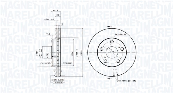 MAGNETI MARELLI Bremseskive 360406206700 perforeret 255mm 28mm for TOYOTA