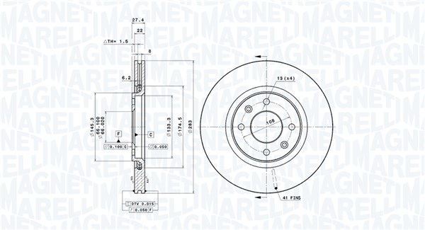MAGNETI MARELLI Bremseskive 360406206600 perforeret 283mm 22mm for CITROËN PEUGEOT