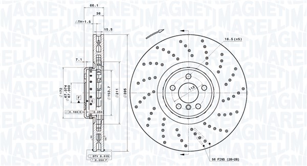 MAGNETI MARELLI Bremseskive 360406209104 ventileret 395mm 36mm for BMW