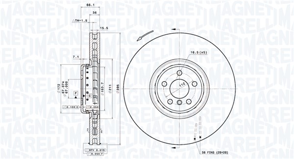 MAGNETI MARELLI Bremseskive 360406209404 ventileret 395mm 36mm for BMW