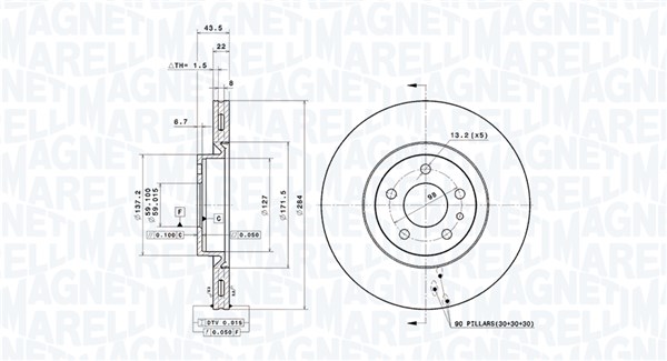 MAGNETI MARELLI Bremseskive 360406211500 indvendig ventileret 284mm 22mm for ALFA ROMEO LANCIA