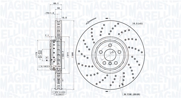 MAGNETI MARELLI Bremseskive 360406209304 ventileret 395mm 36mm for BMW