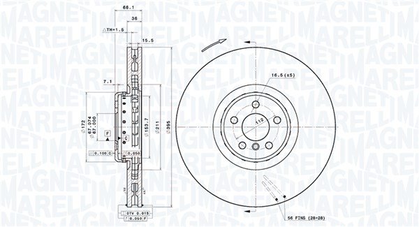 MAGNETI MARELLI Bremseskive 360406209204 ventileret 395mm 36mm for BMW