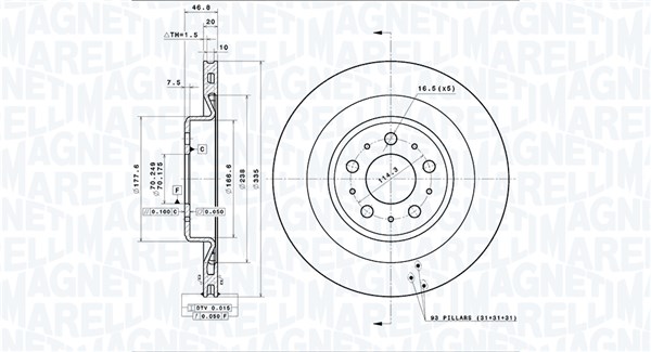 MAGNETI MARELLI Bremseskive 360406212101 ventileret 335mm 20mm for TESLA