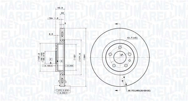 MAGNETI MARELLI Bremseskive 360406212701 ventileret 284mm 22mm for FIAT