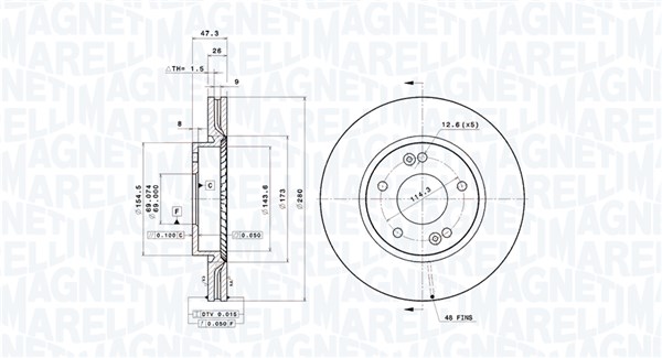 MAGNETI MARELLI Bremseskive 360406214301 ventileret 280mm 26mm for KIA