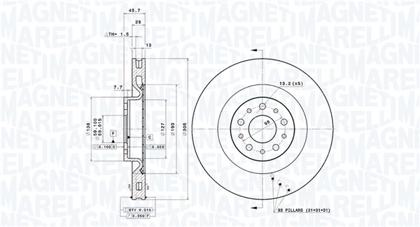 MAGNETI MARELLI Bremseskive 360406211801 ventileret 305mm 28mm for OPEL FIAT VAUXHALL