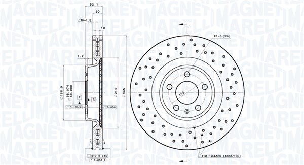 MAGNETI MARELLI Bremseskive 360406214502 perforeret 345mm 30mm for AUDI AUDI (FAW) PORSCHE