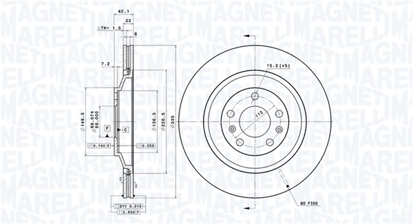 MAGNETI MARELLI Bremseskive 360406220601 ventileret 335mm 22mm for VW AUDI BENTLEY
