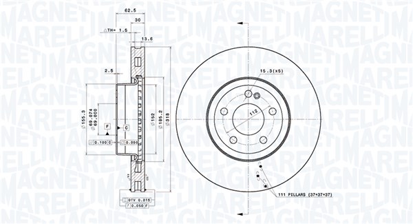MAGNETI MARELLI Bremseskive 360406219804 ventileret 318mm 30mm for MERCEDES-BENZ